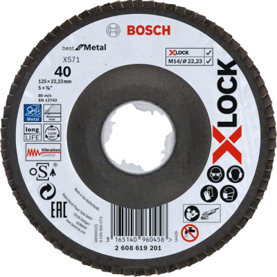 Vejrovit kot X571 Bosch X-LOCK Best for Metal, fibrov doska, prelis, 125 mm, P 40